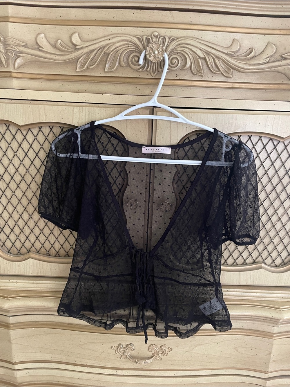 Blue Blush Sheer Black Lace Tie-Front Crop Top